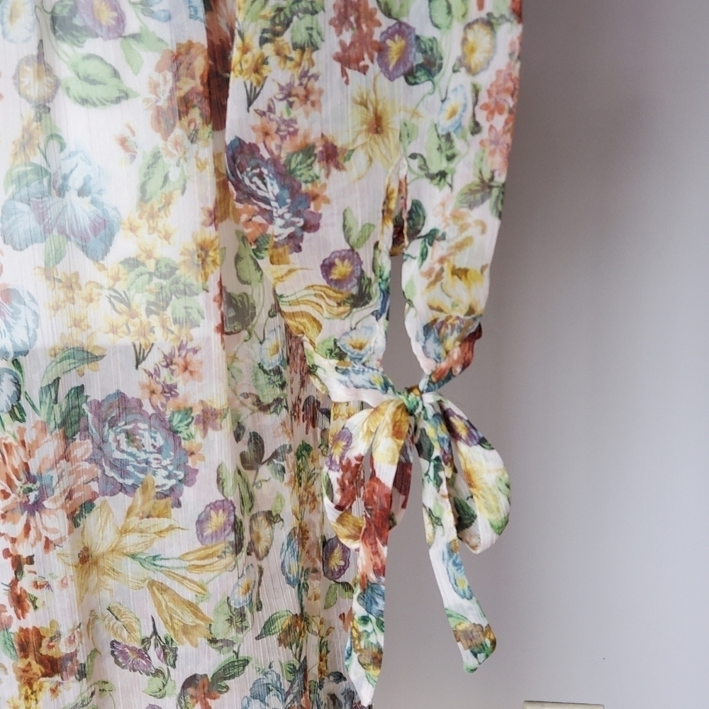 Zara Sheer Floral Cottagecore Tie Sleeve Romantic Flowy Crepe Overlay for Dress - Picture 7 of 8